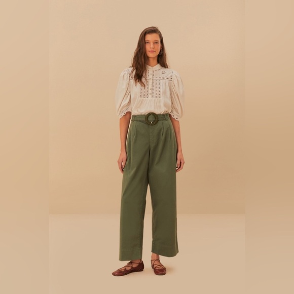 Farm Rio: Green Twill Pleated Wide Pants